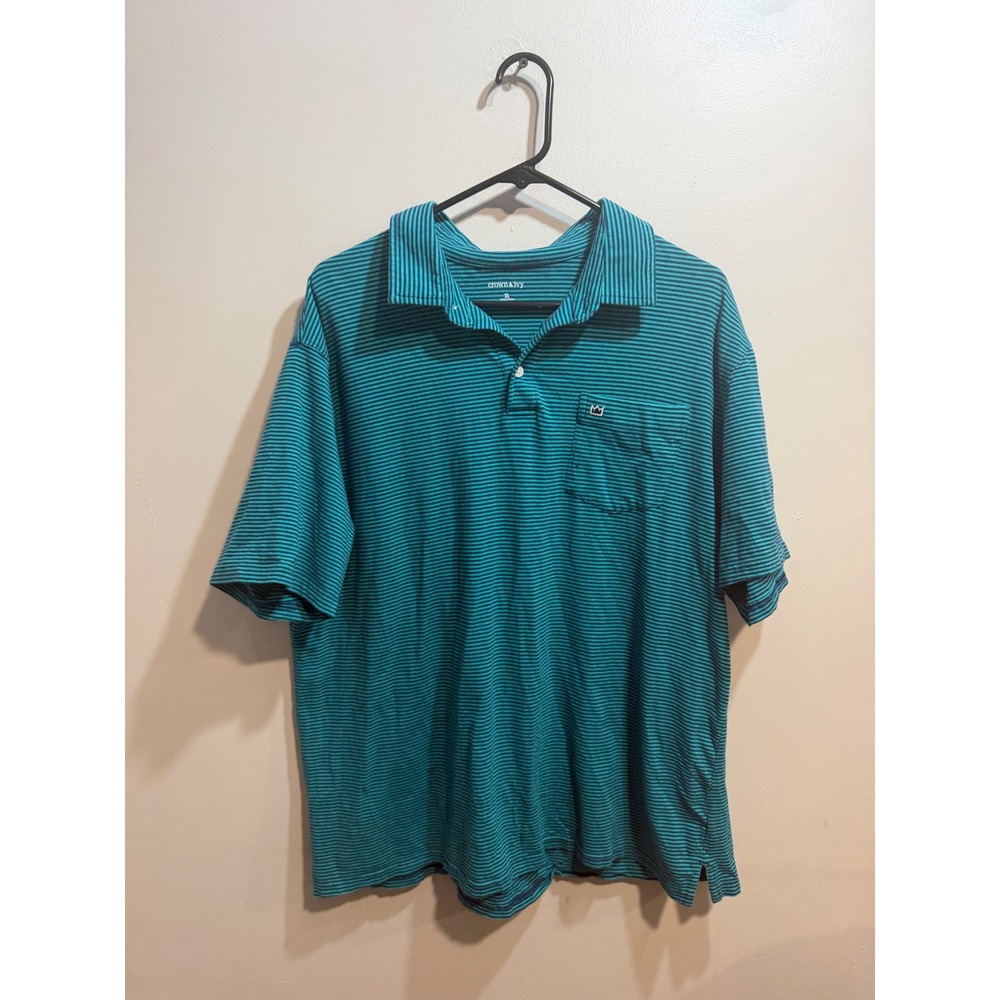 Crown & Ivy Mens XL Teal Blue Striped Short Sleeve Pocket Polo Shirt‎ Crown Logo